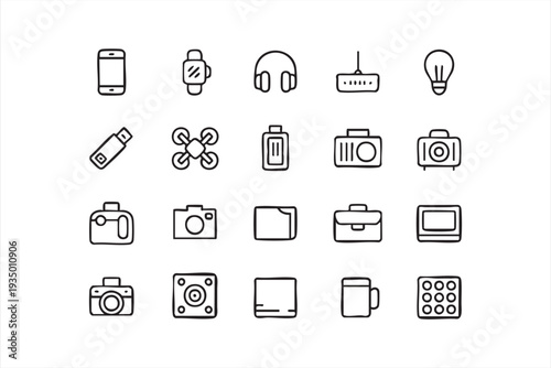 Smart Electronics Outline Icon Set with Wireless and Multimedia Tools