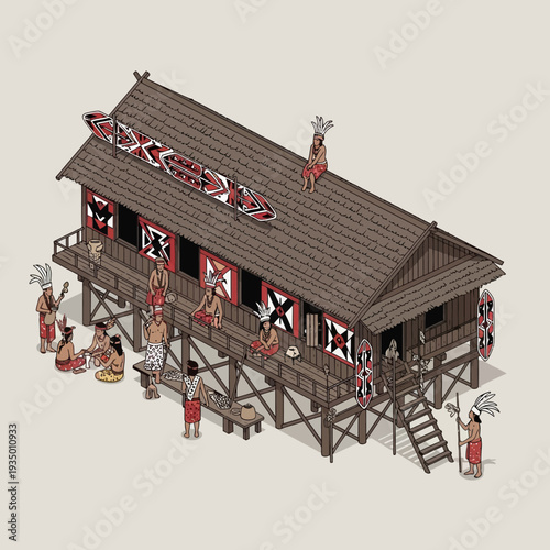 Traditional stilt house with tribal people gathered around.