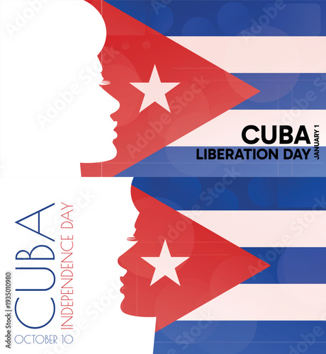 Cuba Independence, Liberation Day banner pack. Vector illustration with flag colors, person silhouette for web panel, event, social media post. Patriotic celebration backdrop, background