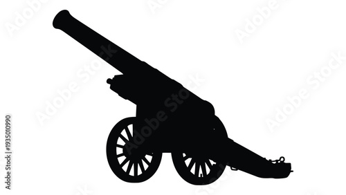 A black silhouette of an old cannon on wheels isolated on white background, Vector