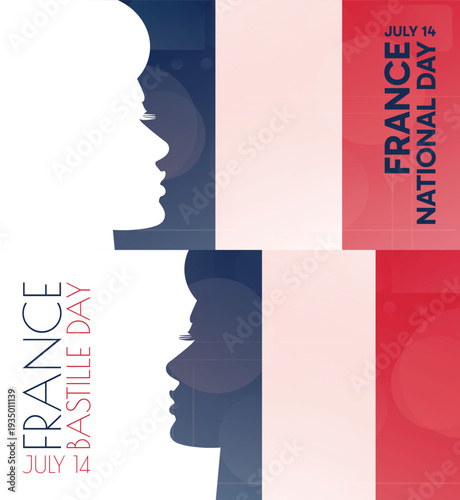 France National, Bastille Day banner pack. Vector illustration with flag colors, person silhouette for web panel, event, social media post. Patriotic celebration backdrop, background