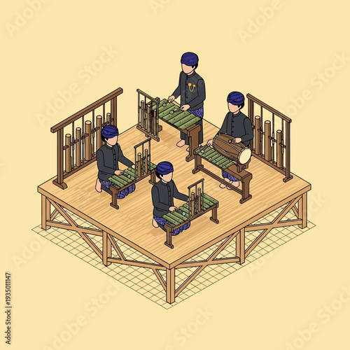 Isometric illustration of traditional gamelan musicians playing instruments on a wooden stage.