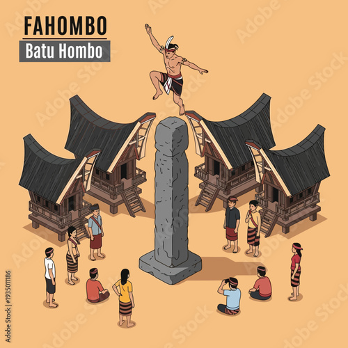 Traditional Indonesian Fahombo Batu Hombo ritual ceremony illustration.
