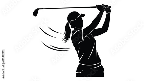 A woman in silhouette swinging a golf club isolated on white background, Vector