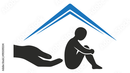 A person sitting under a roof held by a hand isolated on white background, Vector