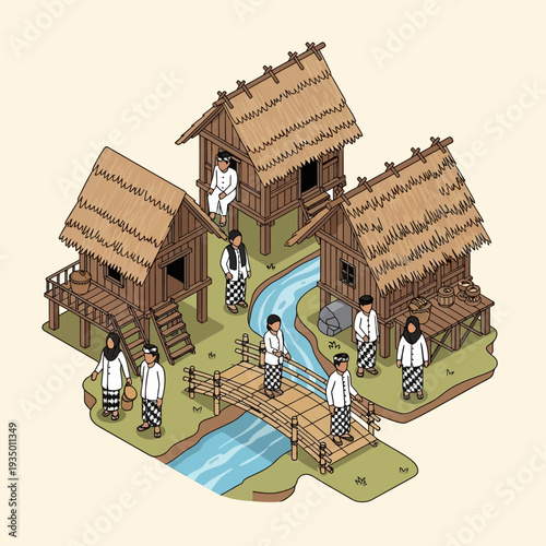 Traditional Village Scene with Thatched Roof Houses and Community.