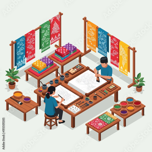 Two artisans working together on textile printing project in a colorful workshop.