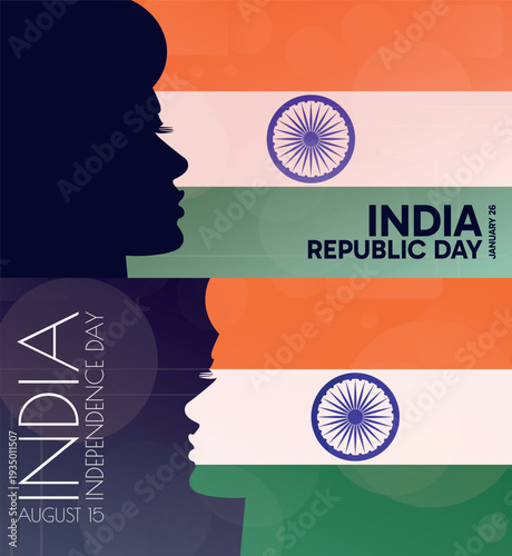 India Republic, Independence Day banner pack. Vector illustration with flag colors, person silhouette for web panel, event, social media post. Patriotic celebration backdrop, background