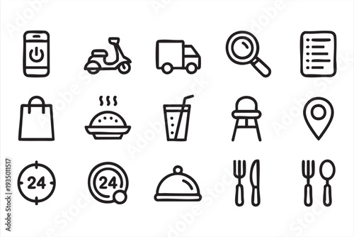 Modern Takeaway and Food Service Line Icons for UI Design
