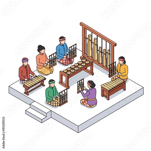 Group of musicians playing traditional gamelan instruments together in a cultural setting.