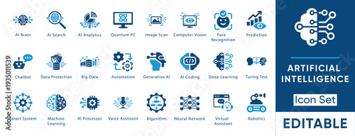 Artificial intelligence icon set. Containing machine learning, generative AI, deep learning, neural network, quantum PC, chatbot, robotics. Solid vector icons.