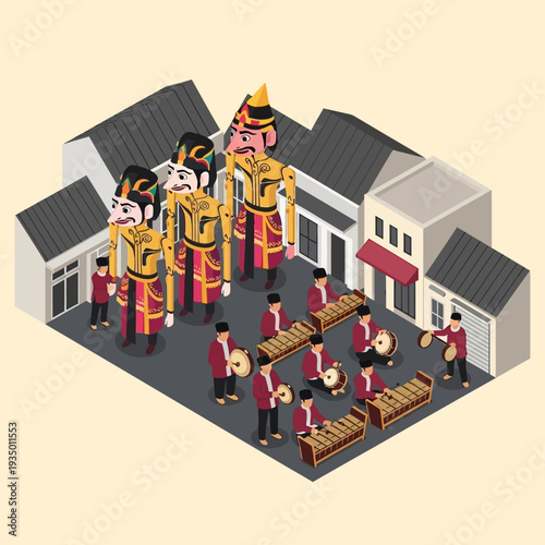 Isometric illustration of traditional Chinese lion dance performance outside shops.