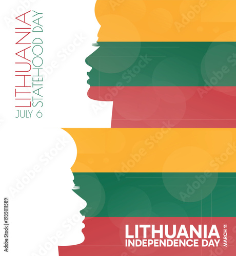 Lithuania Independence, Statehood Day banner pack. Vector illustration with flag colors, person silhouette for web panel, event, social media post. Patriotic celebration backdrop, background