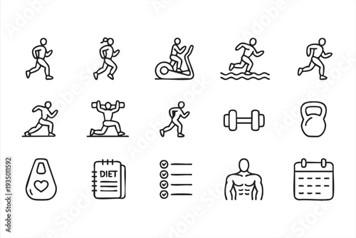 Fitness Tracking and Exercise Routine Line Icons for Digital Apps