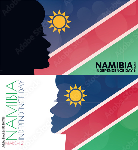 Namibia Independence Day banner pack. Vector illustration with flag colors, person silhouette for web panel, event, social media post. Patriotic celebration backdrop, background