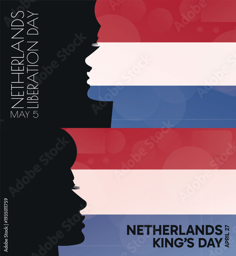 Netherlands Liberation, King's Day banner pack. Vector illustration with flag colors, person silhouette for web panel, event, social media post. Patriotic celebration backdrop, background