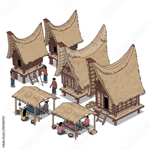 Traditional Southeast Asian Village Houses with Thatched Roofs.