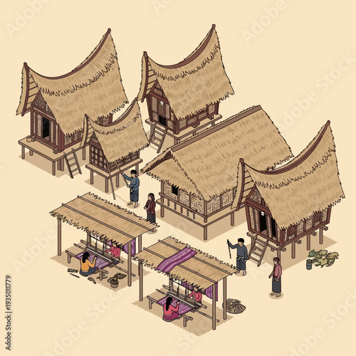 Traditional Southeast Asian Village with Thatched Roof Houses and Community Activities.