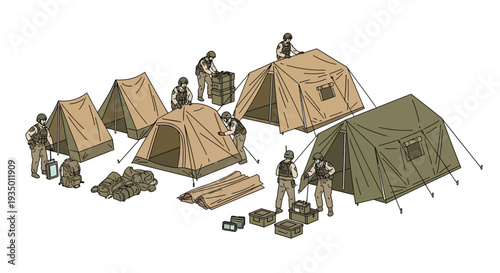 Military personnel setting up various green and tan tents and equipment in an organized outdoor campsite with a focus on defense training and tactical operations.