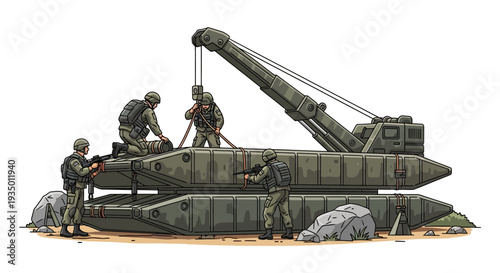 Military personnel operating and loading a large green artillery piece with a crane in a tactical operation on a plain background with a muted green and brown color scheme.