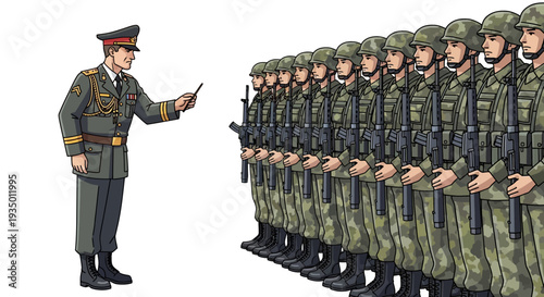 Illustration of a military officer giving instructions to a formation of soldiers in green camouflage uniforms with rifles, showcasing defense training and tactical operations on a white