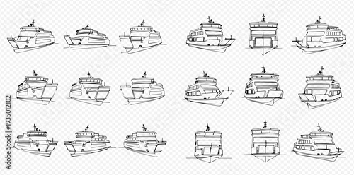 Set of hand-drawn ferry boat illustrations from various angles, perfect for travel and transport designs.