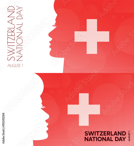 Switzerland National Day banner pack. Vector illustration with flag colors, person silhouette for web panel, event, social media post. Patriotic celebration backdrop, background