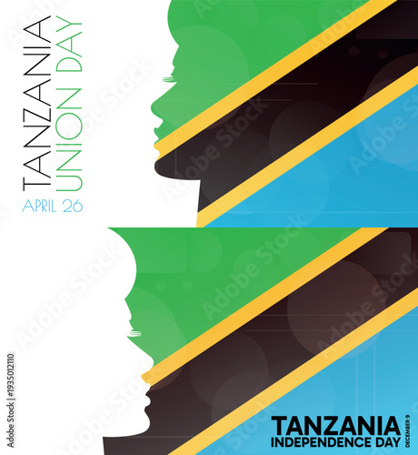 Tanzania Independence, Union Day banner pack. Vector illustration with flag colors, person silhouette for web panel, event, social media post. Patriotic celebration backdrop, background