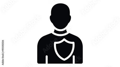 A black silhouette of a person with a shield on their chest isolated on white background, Vector