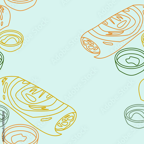 Editable Outline Style Top Side View Indian Masala Dosa With Chutney and Sambar Vector Illustration Seamless Pattern for Background of Cuisine Related Design With South Asian Culture and Tradition