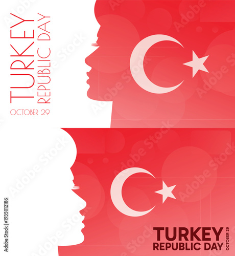 Turkey Republic Day banner pack. Vector illustration with flag colors, person silhouette for web panel, event, social media post. Patriotic celebration backdrop, background