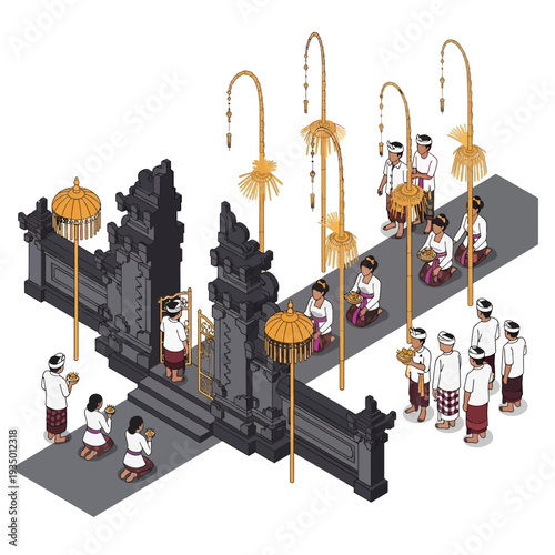 Traditional Balinese Hindu Ceremony Procession with Priests and Offerings.