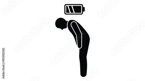 Person bending over with low battery symbol isolated on white background, Vector