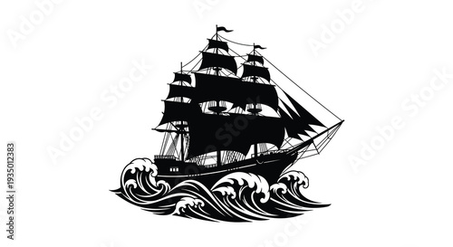 A majestic tall ship sailing through turbulent waves depicted as a striking black silhouette high quality professional detailed