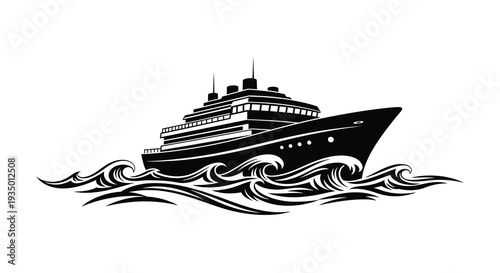 A striking black and white illustration depicts a large cruise ship navigating turbulent waves a beautiful silhouette