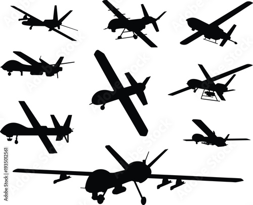 Black silhouette set of various military drones UAV unmanned aerial vehicles different models profiles views reconnaissance surveillance aircraft vector illustration pack for defense aviation design