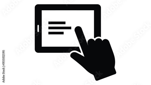 A hand clicking on a tablet screen with a menu isolated on white background, Vector