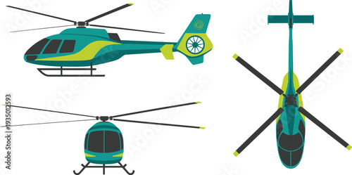 Colorful helicopter icon set teal yellow helicopter side top rear view rotor blades cockpit details aviation transport aircraft vector illustration for logo design