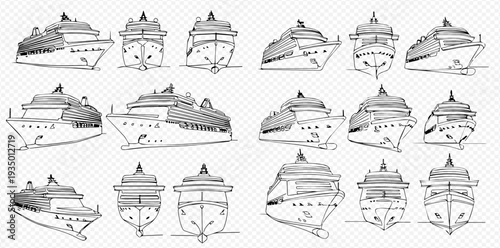 Set of hand-drawn cruise ship illustrations from various angles, perfect for travel and vacation designs.
