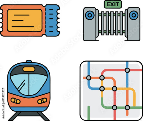Public transport metro icon set ticket barrier exit gate subway train front view underground map route colorful vector illustration for travel navigation app design