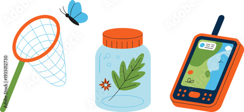 Nature exploration kit illustration with butterfly net, specimen jar and handheld GPS device, colorful flat vector isolated on white for outdoor adventure and field research themes