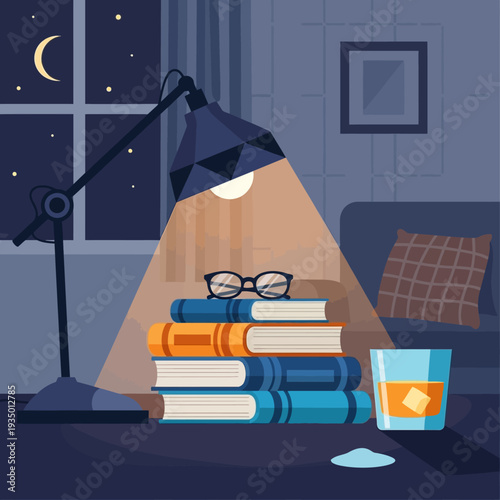 Cozy night reading with lamp, books, glasses, and drink