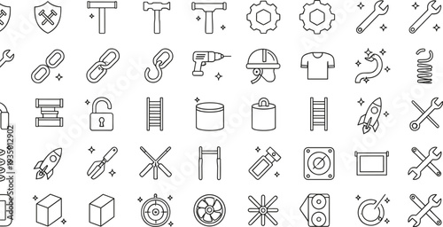 Hand Drawn Engineering Tools Icon Set with Wrenches Gears Chains Hardware Equipment and Industrial Repair Outline Vector Collection