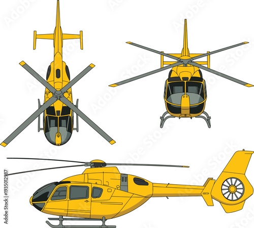 Yellow helicopter vector illustration set top front side views detailed rotor blades cockpit landing gear rescue emergency transport aircraft for aviation design pack