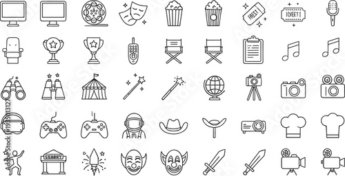 Hand Drawn Entertainment and Media Icon Set with Cinema Theater Music Awards and Creative Equipment Outline Vector Collection