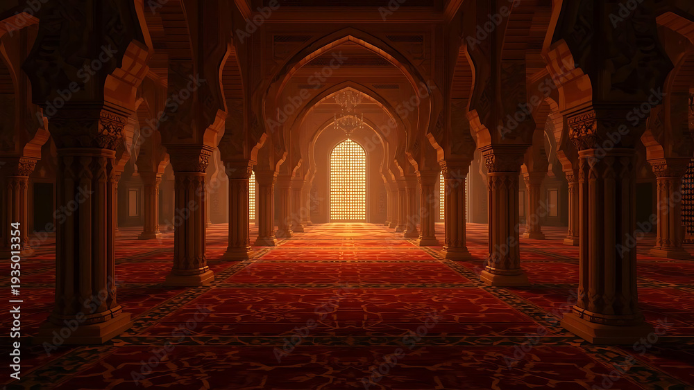 Obraz premium Grand Islamic Hallway with Archways, Red Carpet, and Illuminated Window