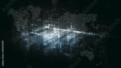 Global data network world map with matrix style grid, glowing HUD interface and streaming light trails, futuristic internet, IoT connectivity and digital simulation background