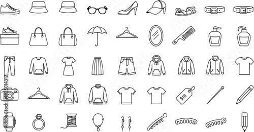 Hand Drawn Fashion Accessories Icon Set with Clothing Shoes Bags Jewelry Cosmetics and Retail Items Outline Vector Collection
