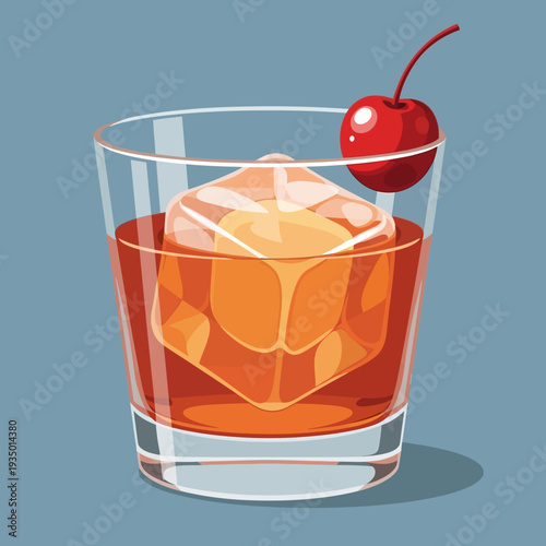 Classic Old Fashioned Cocktail with Cherry and Ice Cube in Glass