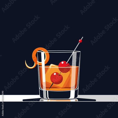 Classic Old Fashioned cocktail with orange peel and cherry garnish on dark background